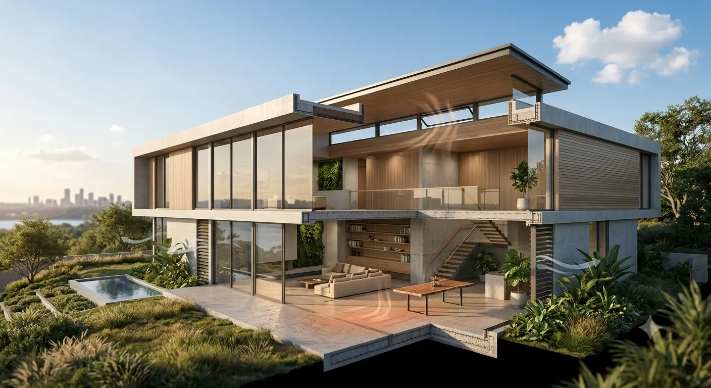 Home design using local stone and passive solar orientation for sustainable architecture
