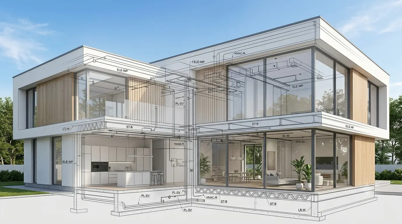 Architectural blueprint showing smart home infrastructure planning for long-term flexibility